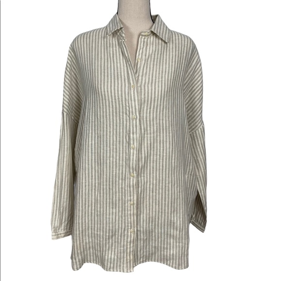 Coast 100% Linen Striped Longline Oversized Button Front Top Size Small - Picture 1 of 10